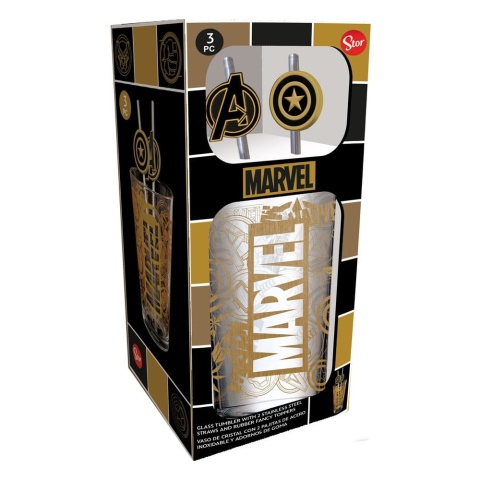 STOR Marvel Glass Tumbler with Straws Logo & Avengers 485 ml